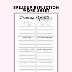 Peut inclure: Une feuille de travail blanche intitulée Breakup Reflection Work Sheet avec du texte noir. Elle comprend des sections Looking Back et Looking Forward, avec des questions comme What Happened, What Did I Learn, What Do I Deserve et What Boundaries Will I Set.