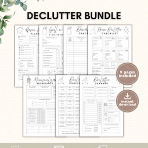 May include: A digital declutter bundle featuring nine printable pages including a home reset planner, sell or donate decision worksheet, donation tracker, room declutter checklist, minimalism workbook, declutter challenge, and declutter planner.
