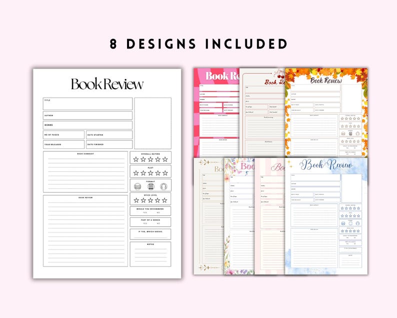 May include: A collection of eight book review templates, each with a unique design. The templates include sections for title, author, rating, and comments. The words "Book Review" are displayed at the top of each template. The text "8 DESIGNS INCLUDED" is at the top.