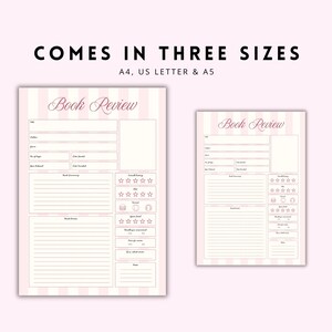 May include: Two pink and white striped book review sheets in different sizes. The larger sheet is A4 size, and the smaller sheet is A5 size. The text "Book Review" is at the top of each sheet. The text "COMES IN THREE SIZES" is at the top of the image.