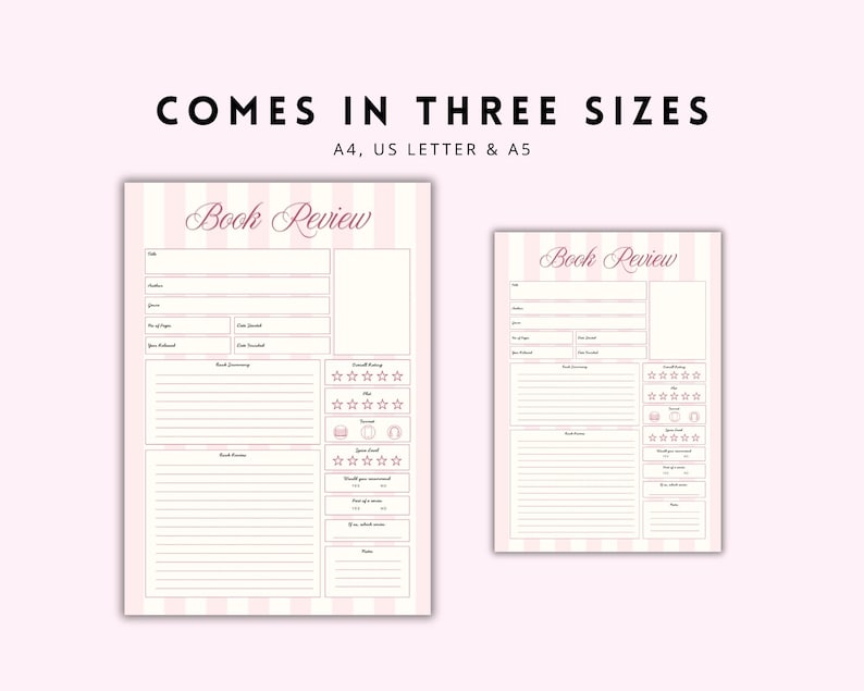 May include: Two pink and white striped book review sheets in different sizes. The larger sheet is A4 size, and the smaller sheet is A5 size. The text "Book Review" is at the top of each sheet. The text "COMES IN THREE SIZES" is at the top of the image.