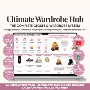 May include: A laptop screen displaying the Ultimate Wardrobe Hub, a digital closet and wardrobe system. The dashboard features sections for style DNA, outfit planning, wear insights, and clothing inventory, with icons and data charts.