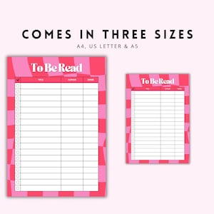 May include: Two pink and red "To Be Read" checklists in different sizes. The checklists have a wavy pattern border and include sections for title, author, and genre. The text "COMES IN THREE SIZES" is at the top.