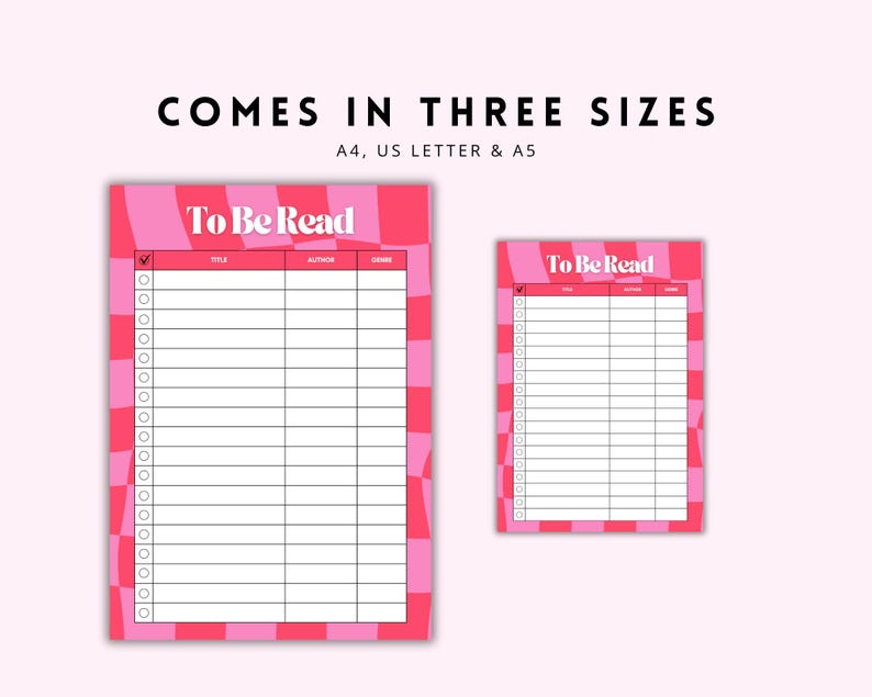 May include: Two pink and red "To Be Read" checklists in different sizes. The checklists have a wavy pattern border and include sections for title, author, and genre. The text "COMES IN THREE SIZES" is at the top.