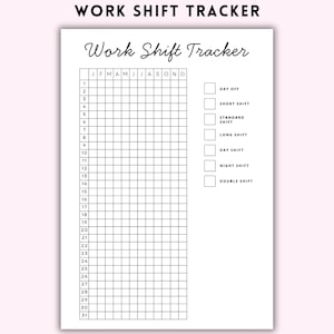 May include: A white paper work shift tracker with black text and grid lines. The document features a calendar grid with months J through D and days 1 through 31. A legend on the right lists categories including Day Off, Short Shift, Standard Shift, Long Shift, Day Shift, Night Shift, and Double Shift.