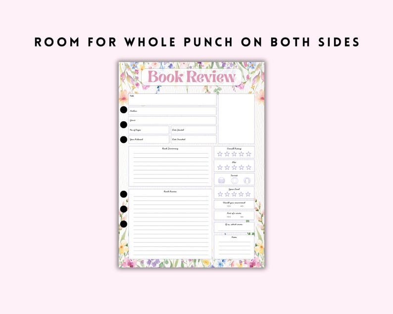 May include: A floral-themed book review sheet with the text "Book Review" in pink. The sheet has spaces for author, genre, and book summary, with a rating section and space for notes. The top of the sheet reads "ROOM FOR WHOLE PUNCH ON BOTH SIDES".