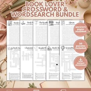 May include: A digital bundle of book-themed crossword and word search puzzles featuring black and white activity sheets with titles like Book Lover Crossword & Wordsearch Bundle, answers pages included, 20 puzzles included, and instant download.