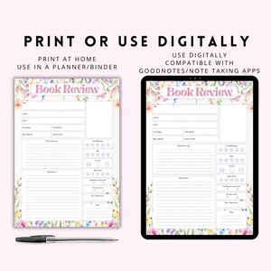 May include: A digital or printable book review template with floral accents. The template includes sections for book details, a summary, and a rating system. The text "Book Review" is displayed in pink. A pen and tablet are also visible.