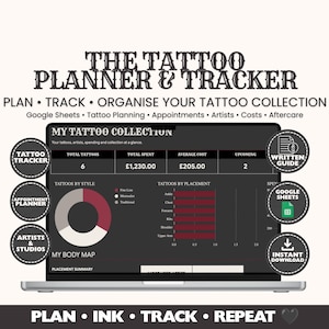 May include: A digital tattoo planner and tracker displayed on a laptop screen. The interface features a dashboard with total tattoos, spending, and cost metrics. It includes a pie chart for tattoo styles, a bar graph for placement, and circular icons.