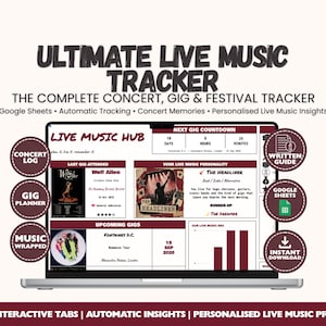Puede incluir: Un rastreador digital de música en vivo Ultimate Live Music Tracker en una pantalla de portátil, con registro de conciertos, planificador de actuaciones y análisis musicales. La interfaz incluye secciones para cuentas atrás y perfiles de usuario.