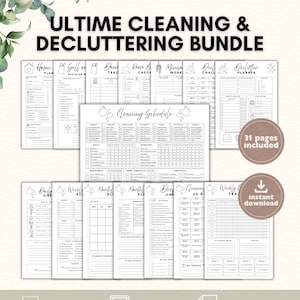 May include: A digital cleaning and decluttering bundle featuring multiple printable planner pages with checklists, schedules, and trackers. The text reads ULTIME CLEANING & DECLUTTERING BUNDLE, 31 pages included, and instant download, with A4, A5 & US letter sizes.