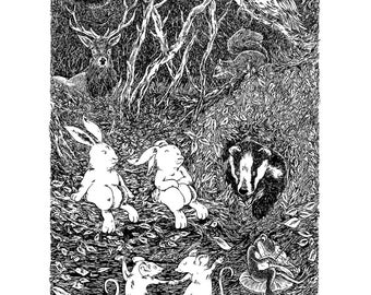 Dancing Mice in the forest - A3 Folk Art