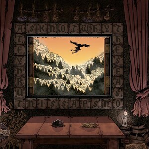 Puede incluir: Una habitación oscura con una ventana que da a una cordillera. La ventana está enmarcada por azulejos de piedra con letras que deletrean "ASK NOT WHY T'HIS SAP IS NO". Un pájaro negro vuela en el cielo sobre las montañas. La habitación está decorada con velas, libros y otros objetos de ocultismo. Hay un cartel en la pared que dice "MARCH 2023".