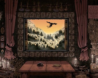 May include: A dark room with a window overlooking a mountain range. The window is framed by stone tiles with letters spelling out "ASK NOT WHY T'HIS SAP IS NO". A black bird flies in the sky above the mountains. The room is decorated with candles, books, and other occult items. There is a sign on the wall that says "MARCH 2023".