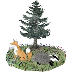 Impressão artística em aquarela Fox e Badger A4. Direitos dos animais/decoração de parede com ilustração ambiental.