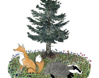 Fox and Badger A4 watercolour art-print.  Animal rights/environmental illustration wall decor.