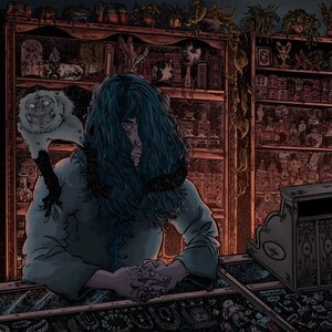 Może przedstawiać: Osoba z długimi niebieskimi włosami siedzi za ladą wypełnioną różnymi przedmiotami. Osoba nosi ciemnoniebieską koszulę i ma białą małpę na ramieniu. Lada jest drewniana i ma szklany blat. Na ladzie znajduje się drewniane pudełko z misternymi rzeźbami. Tekst "APRIL 2019" jest widoczny w prawym górnym rogu obrazu.