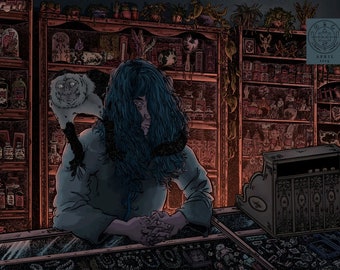 May include: A person with long blue hair sits behind a counter filled with various items. The person is wearing a dark blue shirt and has a white monkey on their shoulder. The counter is made of wood and has a glass top. There is a wooden box with intricate carvings on the counter. The text "APRIL 2019" is visible in the upper right corner of the image.