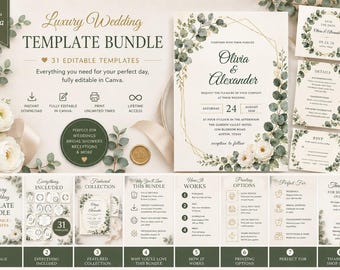 Paquete de invitaciones de boda editables con diseño de eucalipto (descarga digital)