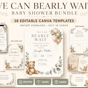 Redigerbart babyshowerpaket, Canva-mallar med björntema (digital nedladdning)