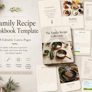Puede incluir: Una plantilla digital de libro de recetas familiares con 78 páginas editables en Canva. El diseño incluye varios documentos con texto, fotografías de alimentos y secciones de planificación de comidas. El texto dice Family Recipe Cookbook Template.
