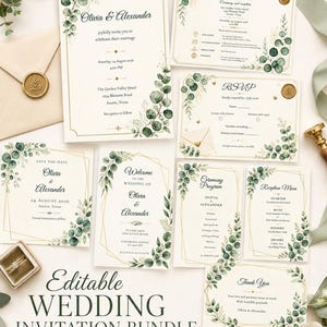 Editable Eucalyptus Wedding Invitation Bundle, Sage Green Canva Template, 35+ Matching Stationery, Instant Download