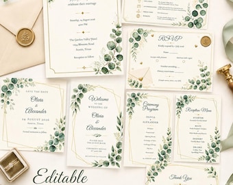 Bearbeitbare Hochzeitseinladungen mit Eukalyptusmotiv, Canva-Vorlage in Salbeigrün, über 35 passende Papeterieartikel, Sofort-Download