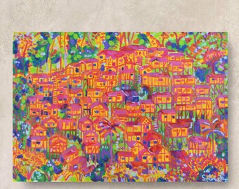 Peinture originale de Colombie – Paysage culturel et architecture vernaculaire – Tableau contemporain acrylique sur toile – Œuvre unique