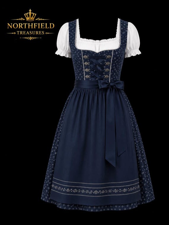 Navy Blue Embroidered Dirndl Dress, Traditional Bavarian Folk Costume, Oktoberfest Outfit