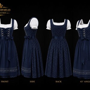 May include: A navy blue dirndl dress featuring a white blouse with puffed sleeves, a bodice with a floral pattern and lace-up front, and a solid navy blue apron. The dress is displayed from four perspectives: front, side, back, and a 45-degree angle.