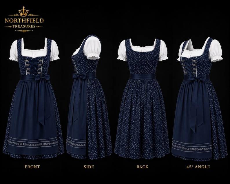 May include: A navy blue dirndl dress featuring a white blouse with puffed sleeves, a bodice with a floral pattern and lace-up front, and a solid navy blue apron. The dress is displayed from four perspectives: front, side, back, and a 45-degree angle.