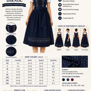 May include: A navy blue dirndl dress featuring a square neckline, white puffed short sleeves, and a lace-up bodice with decorative hooks. The skirt includes a removable waist apron with a bow tie and a fine floral print design throughout.