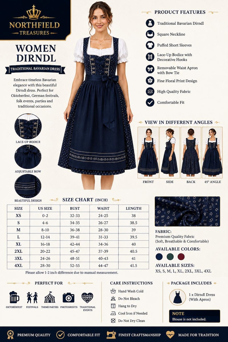 May include: A navy blue dirndl dress featuring a square neckline, white puffed short sleeves, and a lace-up bodice with decorative hooks. The skirt includes a removable waist apron with a bow tie and a fine floral print design throughout.