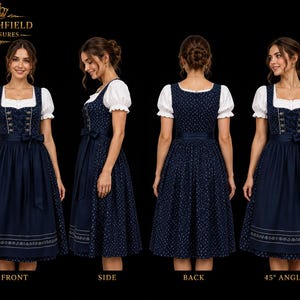 May include: A navy blue dirndl dress featuring a white puff-sleeve blouse, a bodice with decorative lacing, and a floral patterned skirt with a solid navy apron. The garment is displayed from front, side, back, and 45-degree angle views.
