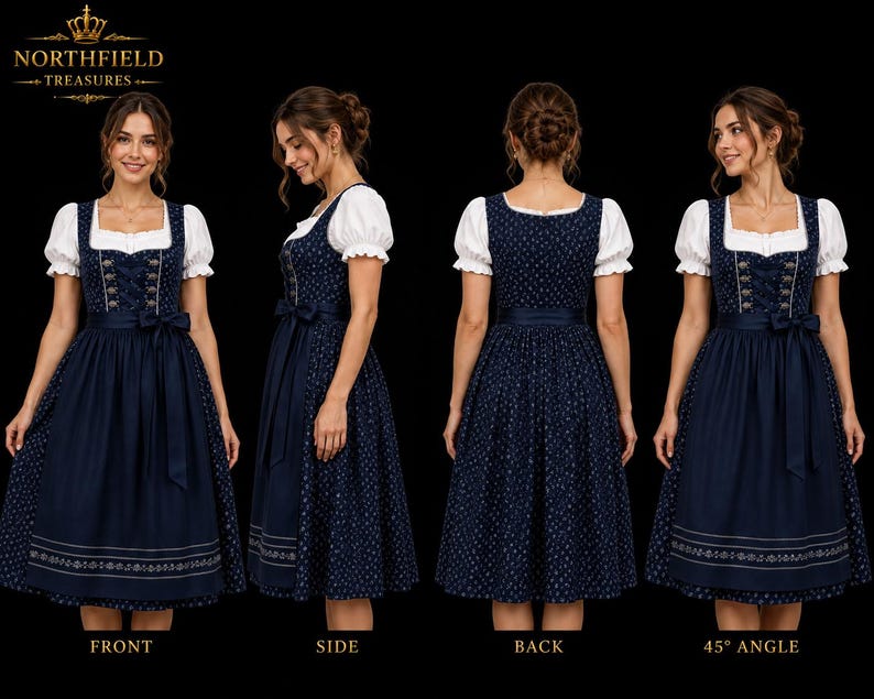 May include: A navy blue dirndl dress featuring a white puff-sleeve blouse, a bodice with decorative lacing, and a floral patterned skirt with a solid navy apron. The garment is displayed from front, side, back, and 45-degree angle views.