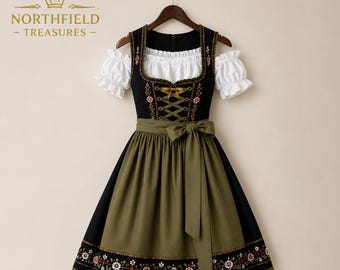 Robe Dirndl brodée pour femme, costume folklorique traditionnel bavarois, bordure florale noire et vert olive