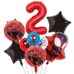 May include: A collection of foil balloons featuring a large red number two, two round balloons with Spider-Man graphics, a large shaped Spider-Man balloon, two black star-shaped balloons, a small blue Spider-Man balloon, and a small white balloon.