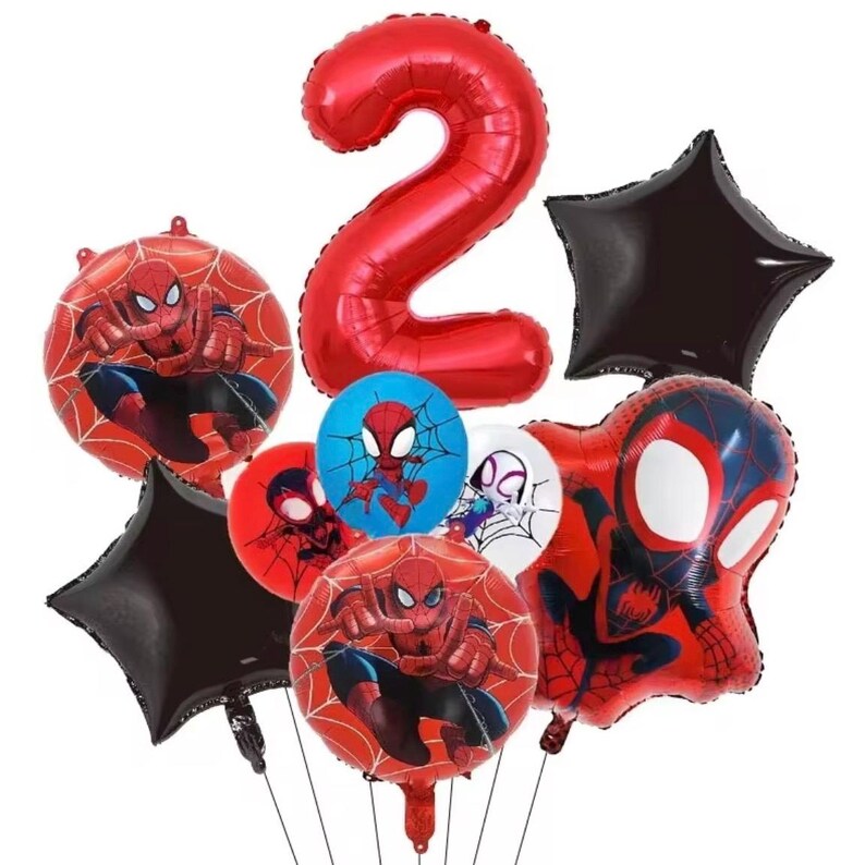 May include: A collection of foil balloons featuring a large red number two, two round balloons with Spider-Man graphics, a large shaped Spider-Man balloon, two black star-shaped balloons, a small blue Spider-Man balloon, and a small white balloon.