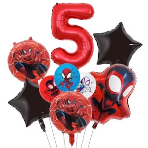 May include: A set of foil balloons featuring a large red number 5, two black star-shaped balloons, and several round balloons decorated with Spider-Man graphics in red, blue, and white, including images of the character in various action poses.