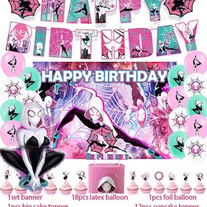 Pu&ograve; includere: Un set di decorazioni per compleanno a tema Ghost-Spider che include uno striscione Happy Birthday, un grande sfondo, un grande palloncino in alluminio, diciotto palloncini in lattice, un topper per torta e dodici topper per cupcake.