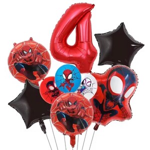 May include: A set of foil balloons featuring a large red number four, two black star-shaped balloons, and several round balloons decorated with red and blue Spider-Man character graphics, including web patterns and various poses of the hero.