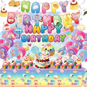 May include: A birthday party decoration set featuring a colorful backdrop with the text HAPPY BIRTHDAY, rainbow-colored balloons, a cake with a kawaii-style dumpling topper, and matching cupcakes, all decorated with various food-themed illustrations.