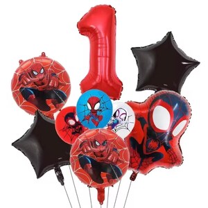 May include: A collection of foil balloons featuring a large red number one, two black star-shaped balloons, and several round and character-shaped balloons decorated with red and blue Spider-Man graphics, spider web patterns, and white accents.