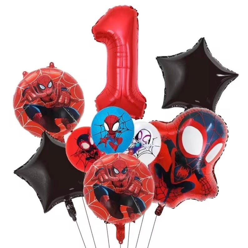 May include: A collection of foil balloons featuring a large red number one, two black star-shaped balloons, and several round and character-shaped balloons decorated with red and blue Spider-Man graphics, spider web patterns, and white accents.