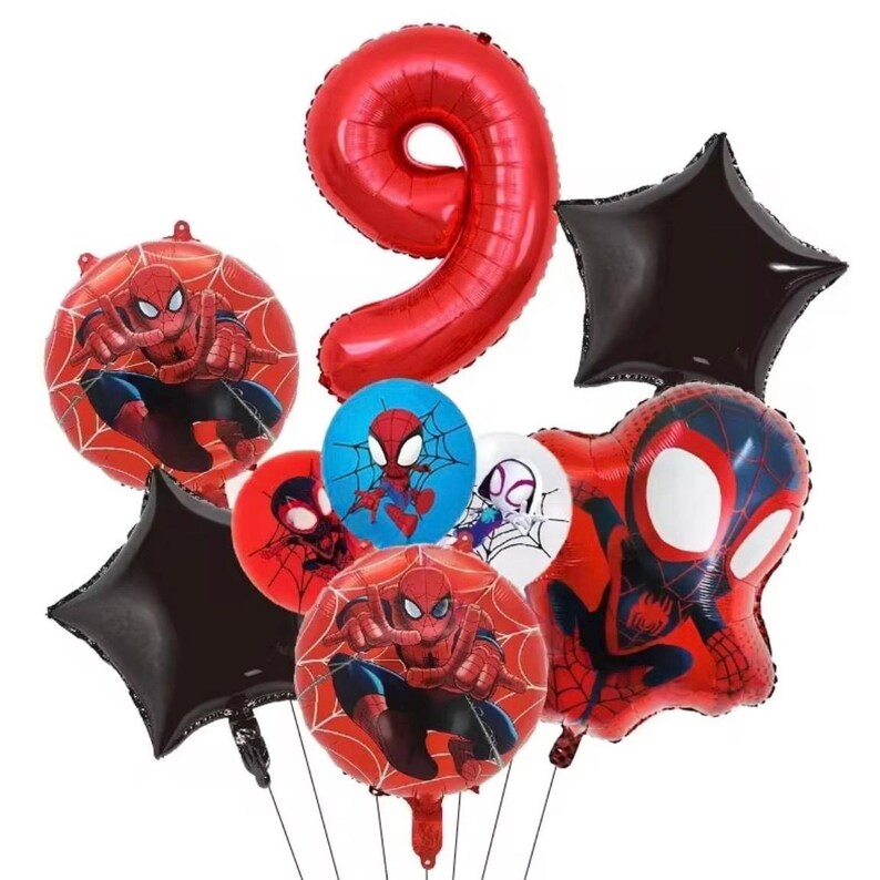 May include: A collection of foil balloons featuring a large red number nine, two round balloons with Spider-Man graphics, a large shaped Spider-Man balloon, two black star-shaped balloons, a small blue Spider-Man balloon, and a small white balloon.