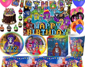 Set di forniture per feste di compleanno a tema Gorilla Tag / Striscione per bambini con tema videogiocatore, decorazione per torta, palloncini, spirali, sfondo, set di stoviglie