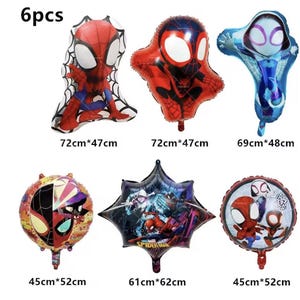 May include: A set of 6pcs foil balloons featuring Spider-Man and Ghost-Spider characters. The balloons include various shapes and sizes, with dimensions labeled as 72cm*47cm, 69cm*48cm, 45cm*52cm, and 61cm*62cm. The designs include character heads and group scenes.