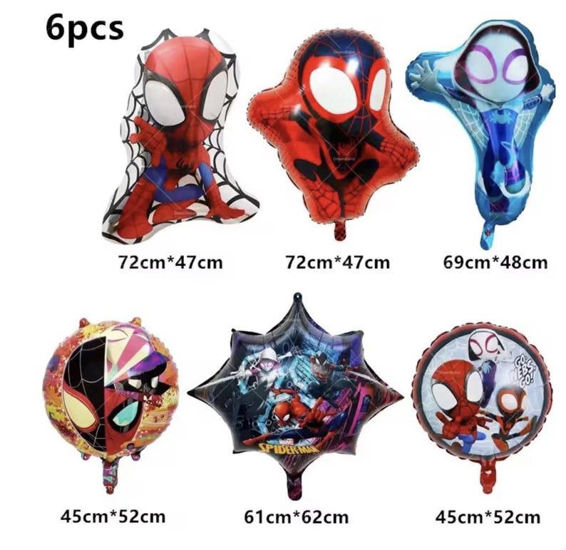 May include: A set of 6pcs foil balloons featuring Spider-Man and Ghost-Spider characters. The balloons include various shapes and sizes, with dimensions labeled as 72cm*47cm, 69cm*48cm, 45cm*52cm, and 61cm*62cm. The designs include character heads and group scenes.