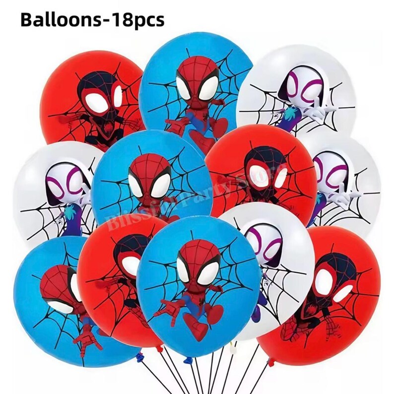 May include: A collection of 18 balloons featuring cartoon superhero characters in red, blue, and white. Each balloon displays a graphic of a masked character with large white eyes and black spiderweb patterns. The text Balloons-18pcs is visible.