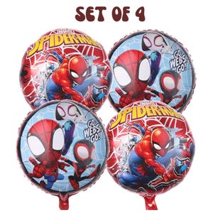 May include: A set of four round foil balloons featuring Marvel Spider-Man graphics. Two balloons show Spider-Man in a red and blue suit with web patterns. Two balloons feature cartoon characters with the text GO WEBS GO. The text SET OF 4 is visible.